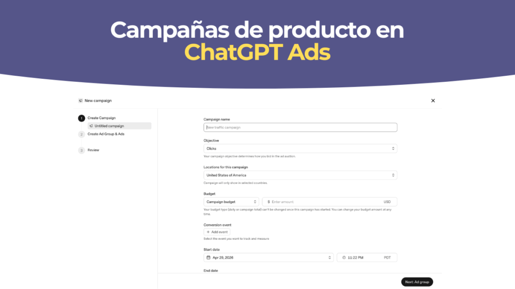 Campañas con feed de producto en ChatGPT Ads de OpenAI