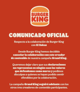 Comunicado de Burger King tras su polémica con El Xokas