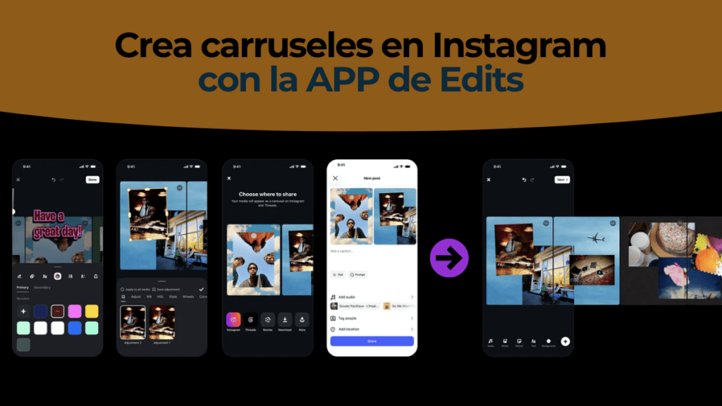 Editor de carruseles en Edits con fotos y textos de marca extendidos entre varias diapositivas