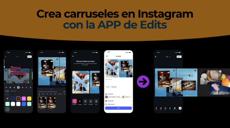 Editor de carruseles en Edits con fotos y textos de marca extendidos entre varias diapositivas