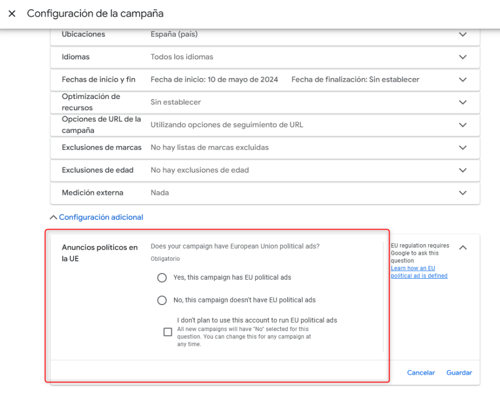 Anuncios Políticos Google Ads