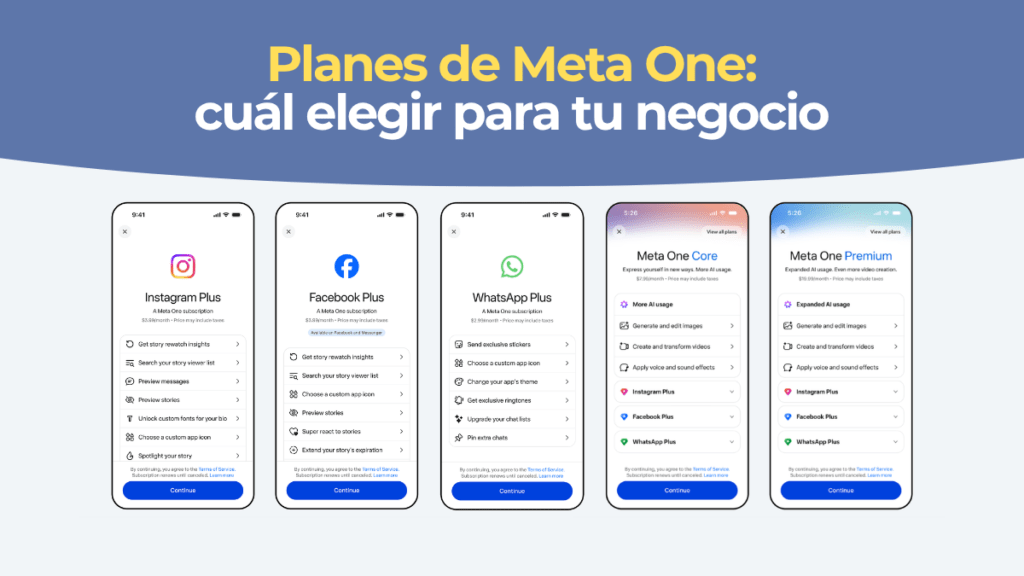 Panel comparativo de los planes de Meta One para Instagram, Facebook y WhatsApp Business