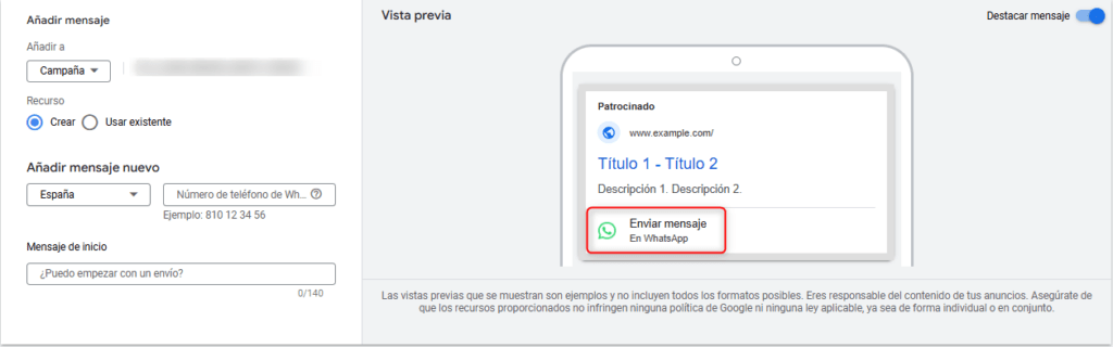 Google Ads Extensión WhatsApp
